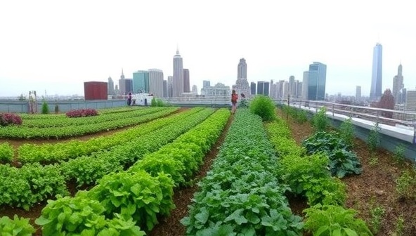 A panoramic view of a lush and thriving rooftop garden filled with rows of vegetables, herbs, and flowers, with members tending to the plants and harvesting fresh produce against the backdrop of a city skyline, illustrating the beauty and sustainability of SkyHarvest Co-op's urban farming initiative.