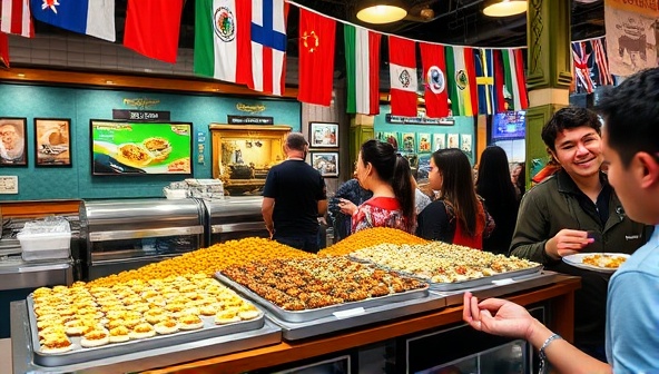 A vibrant market stall setup with colorful banners and flags representing different countries, a display of bite-sized international dishes on serving trays, and customers sampling various global flavors, creating a lively and multicultural dining atmosphere at GlobalBites Market.