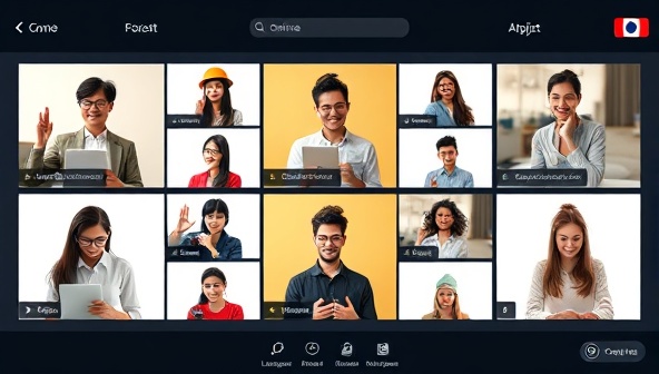 An online platform interface showing multiple virtual pods with diverse participants engaging in language learning activities, creating a dynamic and interactive learning environment.