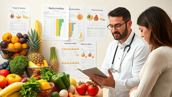 An engaging image of a nutrition consultant discussing a personalized meal plan with a client, surrounded by colorful fruits, vegetables, and nutritional charts, conveying professionalism and personalized care in a wellness setting.