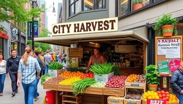 A bustling urban street scene featuring City Harvest Market's vibrant market stall filled with colorful fruits, vegetables, herbs, and homemade preserves, with customers engaging with farmers and enjoying the fresh and inviting atmosphere, showcasing the connection between urban living and local agriculture.