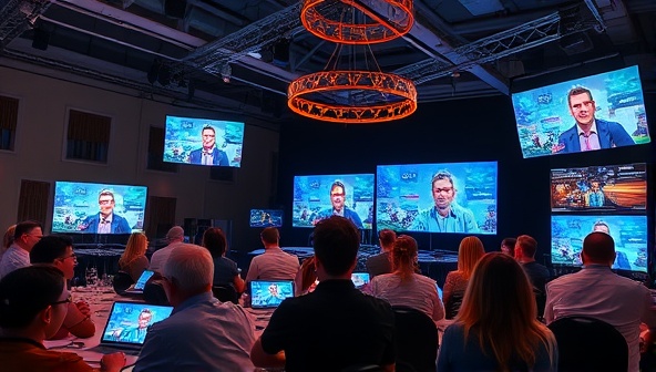 An immersive virtual event setup with attendees joining from around the world, interacting via screens displaying engaging content and networking virtually, highlighting the modern and inclusive nature of online events.