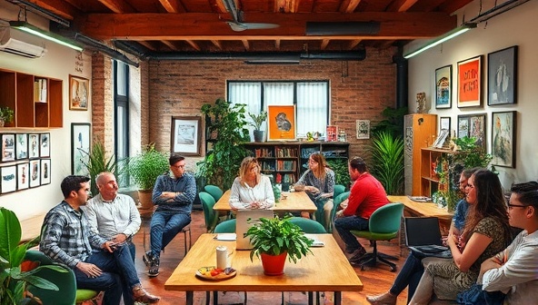 An eclectic and vibrant co-working space filled with freelancers collaborating on projects, sharing ideas, and connecting with clients, illustrating a dynamic and creative environment for freelance talent representation.