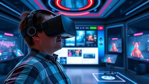 An immersive virtual reality environment with a user wearing a VR headset, exploring a futuristic website layout in a digital space filled with interactive design elements and vibrant visuals, showcasing the innovative VRWebCraft experience.