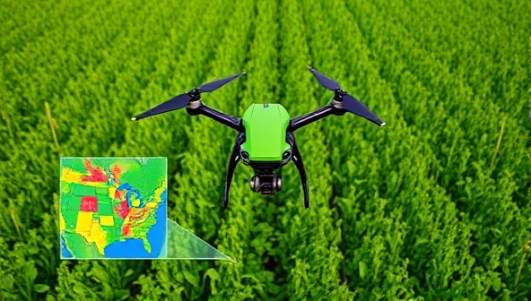 An aerial view captured by a drone showing a lush green agricultural field with detailed crop health analysis overlays, highlighting the precision monitoring capabilities of CropScan Drones and its impact on modern farming practices.