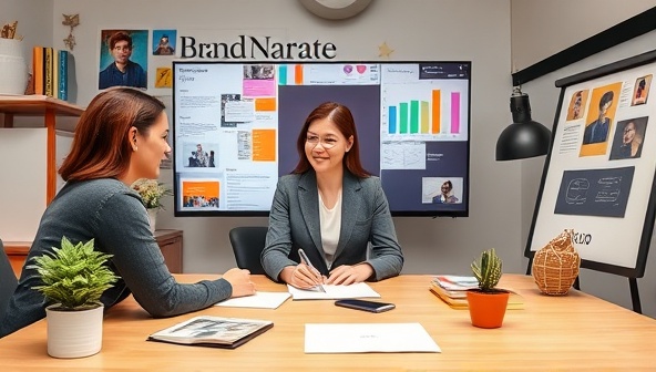 A virtual consultancy setting with a brand strategist guiding a client through a storytelling workshop, brainstorming session, or brand narrative exercise, surrounded by brand identity mood boards, content calendars, and digital storytelling tools, fostering creativity and strategic thinking at BrandNarrate Solutions.