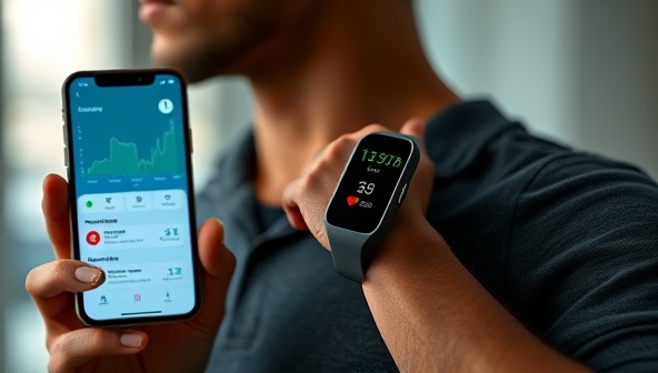 An image of a person wearing a sleek health monitoring wearable device, displaying vital signs on a mobile app interface, with a visualization of data trends and health alerts, promoting proactive health management and remote monitoring.