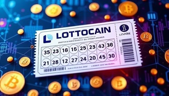 A futuristic digital lottery ticket with blockchain symbols and secure transaction codes, surrounded by virtual currency icons and blockchain nodes, illustrating the innovative and secure nature of the LottoChain online lottery platform.