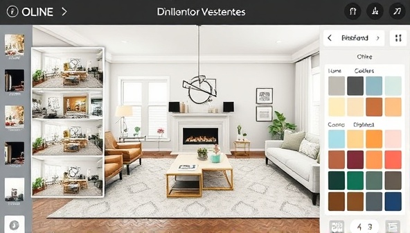 An innovative digital room visualizer tool displaying different design concepts and furniture arrangements in a virtual living room, surrounded by color samples and decor options, showcasing the versatility and creativity of online interior design services.