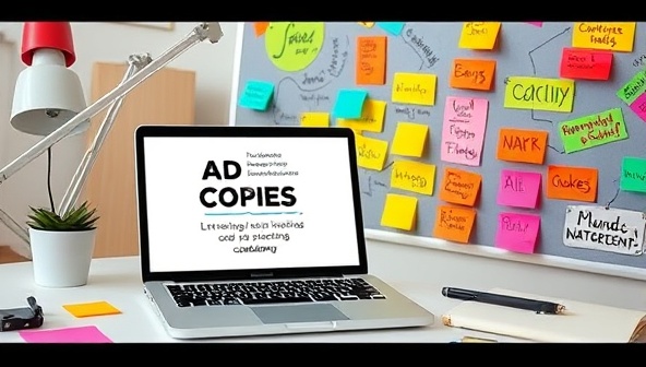 A creative workspace with a laptop displaying engaging ad copies, colorful sticky notes with catchy slogans, and a brainstorming board filled with vibrant ideas, reflecting a dynamic and innovative approach to copywriting consultancy.