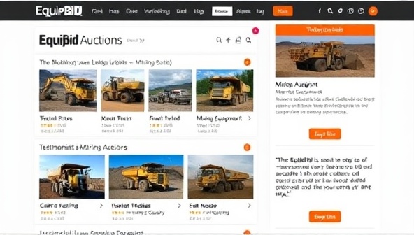 An engaging auction platform interface featuring a variety of mining equipment listings, real-time bidding updates, and user testimonials highlighting successful equipment acquisitions through EquipBid Mining Auctions, creating a dynamic and competitive marketplace for mining equipment transactions.