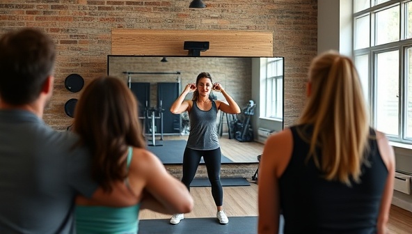 An energetic virtual fitness coaching session with a trainer leading a workout class through a live video stream, participants following along enthusiastically, showcasing the dynamic and interactive nature of FitFusion Virtual's coaching experience.