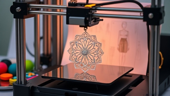 An elegant 3D printer in action, creating a beautifully intricate fashion accessory, surrounded by a palette of vibrant colors and design sketches, capturing the essence of creativity and customization.