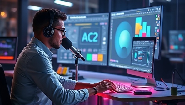 An imaginative visualization of a designer interacting with a virtual voice assistant controlling design tools and elements, surrounded by a futuristic design workspace with holographic displays and intuitive voice commands, illustrating the seamless integration of voice technology in the design process through DesignVoice Assist.