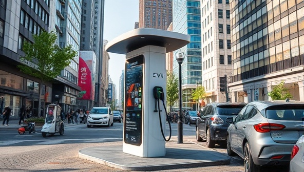 An urban landscape with a sleek, modern charging station surrounded by bustling city life, showcasing the convenience and eco-friendliness of the EV charging network.