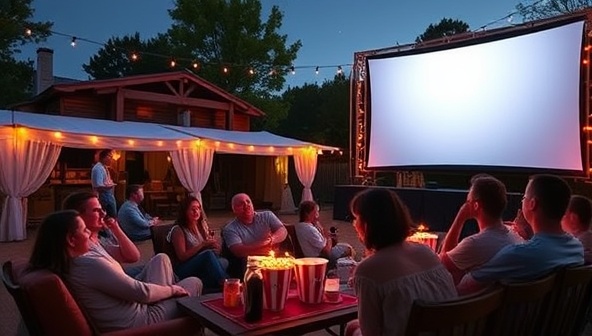 A charming pop-up movie theater setup with a giant screen, comfortable seating, and a snack bar filled with popcorn buckets, candy jars, and drinks, surrounded by excited moviegoers enjoying a film under the stars, conveying a cozy and festive cinematic experience.