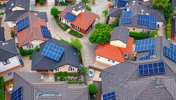 An aerial view of a neighborhood with solar panels installed on rooftops, accompanied by diverse residents engaging in a community event focused on sustainable energy solutions, illustrating the concept of shared solar power.