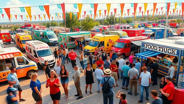 A vibrant virtual food truck festival scene with colorful trucks, bustling crowds, and live music performances, creating a festive and lively atmosphere that captures the essence of street food culture.