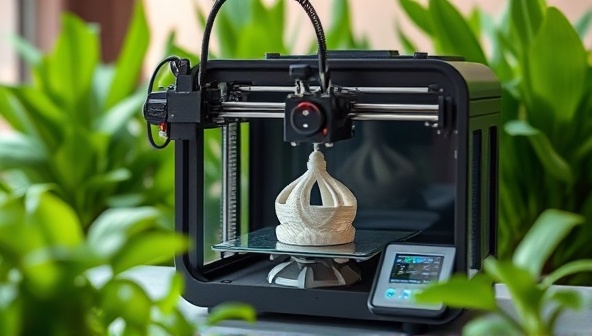 An image of a 3D printer in action, using biodegradable materials to create intricate and innovative designs, with lush green plants in the background, symbolizing sustainability and innovation.