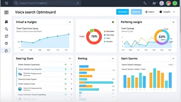 An innovative voice search optimization dashboard displaying voice search analytics and performance metrics, with visual representations of search queries and rankings on virtual assistant platforms, highlighting the strategic insights provided by SonicSEO Solutions for enhanced online visibility.