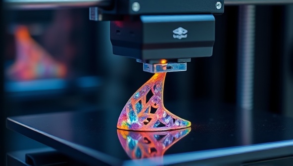 A close-up shot of a 3D printer in action, creating a delicate and intricate piece of jewelry, with vibrant colors and intricate details, showcasing the modern and innovative production process.