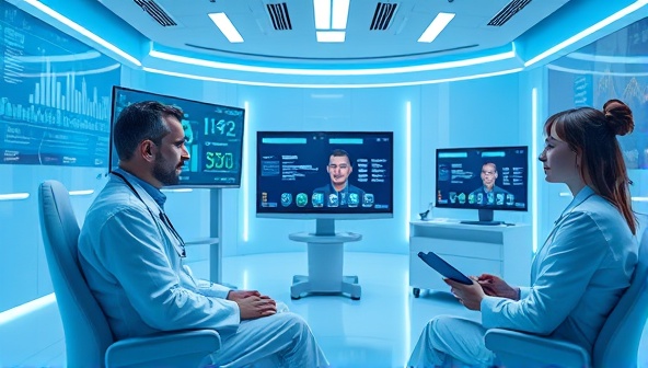 A futuristic virtual clinic scene with digital screens displaying patient data, a physician conducting a remote consultation, and a research coordinator monitoring the clinical trial progress, illustrating the seamless integration of telemedicine in clinical research.