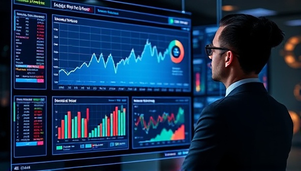 An innovative AI interface displaying real-time market trends, charts, and graphs, with a business professional analyzing the data, conveying the power of data-driven insights provided by InsightAI.