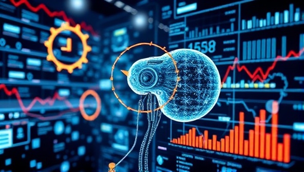 A futuristic visualization of AI algorithms processing complex market data streams, with data graphs, charts, and insights displayed in a sleek and modern interface, embodying the cutting-edge market research capabilities offered by InsightIQ.