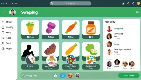 A digital platform interface showcasing colorful icons of various food items ready for swapping, with community members interacting virtually to exchange goods and foster a sense of camaraderie and sustainability.