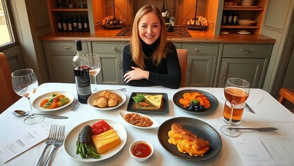 A cozy virtual tasting setup with a host showcasing a selection of gourmet foods and beverages on a beautifully arranged table, surrounded by tasting notes and elegant glassware, evoking a sense of culinary sophistication and exploration.