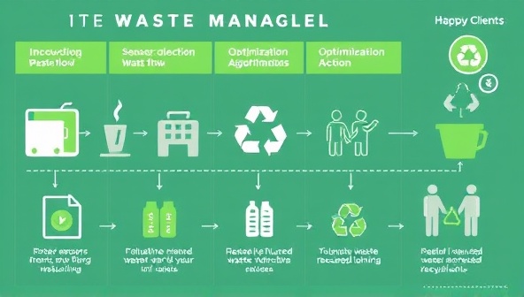 An infographic displaying the waste management process from collection to recycling, with innovative IoT sensors tracking waste flow, optimization algorithms in action, and happy clients experiencing reduced waste volumes and increased recycling rates, conveying efficiency and sustainability.