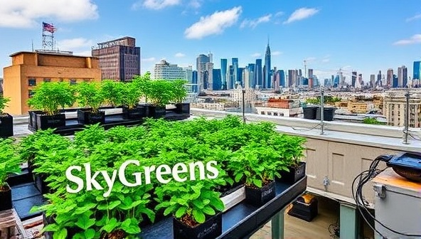 An urban rooftop adorned with lush green plants growing in the SkyGreens farming kits, with a view of the city skyline in the background, illustrating a harmonious blend of nature and urban living.