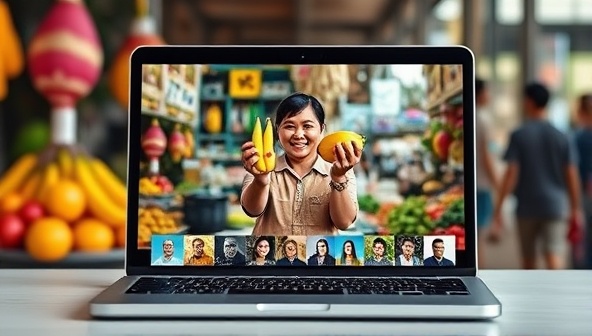 A laptop displaying a virtual tour of a bustling market in Asia, with a local guide holding up exotic fruits and engaging with a group of online participants, capturing the essence of immersive virtual travel experiences.