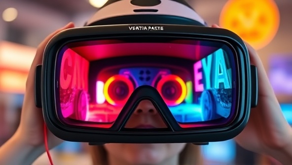 An engaging VR headset displaying a vibrant and immersive virtual reality environment with branded elements, showcasing the potential of VR technology in marketing campaigns.