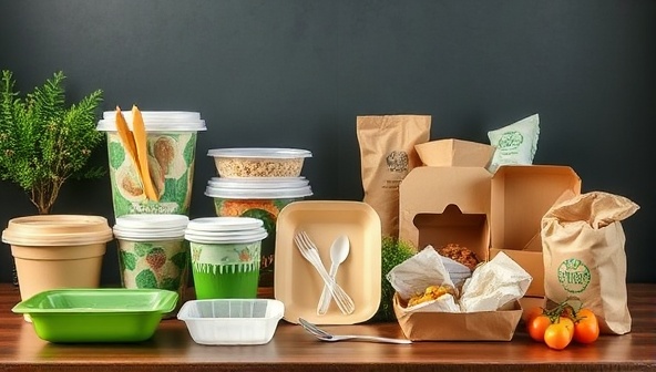 An assortment of eco-friendly food packaging materials displayed in a professional setting, featuring compostable containers, biodegradable utensils, and recyclable wrapping, conveying a message of sustainability and responsibility towards the environment.