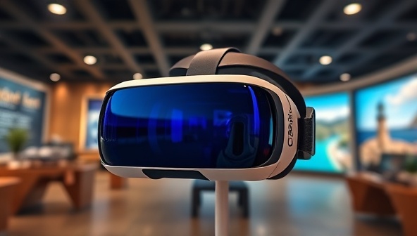A futuristic VR headset displayed in a modern and inviting travel center setting, with virtual images of exotic destinations in the background, welcoming visitors to a new era of travel exploration.