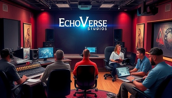 An artistic representation of EchoVerse Studios in action, featuring a recording booth with voice actors performing scenes, sound engineers mixing audio tracks, and writers collaborating on scripts, creating a vibrant and dynamic atmosphere of creativity, collaboration, and storytelling magic in the audio drama production process.