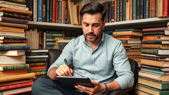 A consultant surrounded by books on linguistics and mythology, deep in thought while crafting a name for a fictional character on a digital tablet, blending traditional and modern naming techniques for storytelling impact.