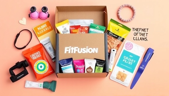 An attractive flat lay image of a FitFusion Box filled with colorful fitness products, snacks, workout accessories, and motivational quotes, arranged in an appealing and Instagram-worthy composition that excites curiosity and anticipation.