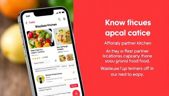 An engaging visual of a smartphone screen displaying the Wasteless Kitchen app interface with vibrant food images, discounted prices, and a map showing nearby partner locations offering surplus food items, promoting affordability and sustainability in food consumption.