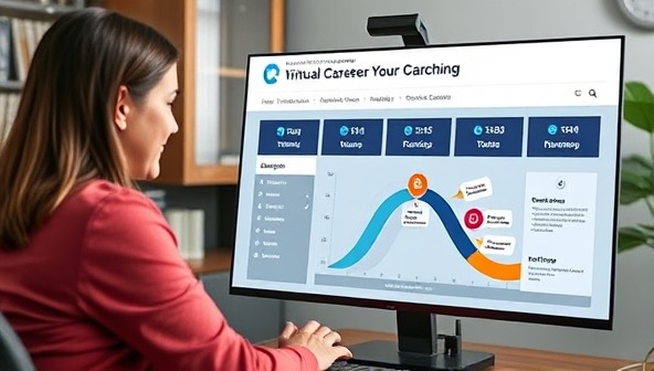 An online career coaching session featuring a career coach providing guidance on career development strategies to a client, with a virtual career roadmap and goal-setting tools visible on the screen, symbolizing the empowerment and direction offered by CareerCatalyst Virtual's platform.