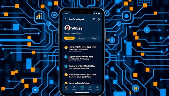 A smartphone screen displaying the WriteWise AI app interface, with a user receiving real-time writing suggestions and corrections, surrounded by digital AI elements like algorithms and data patterns, illustrating the app's advanced technology and user-friendly design.