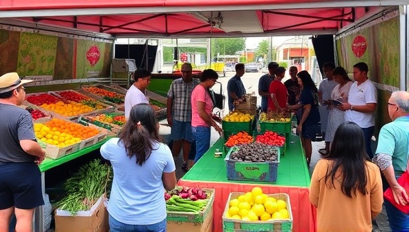 A vibrant mobile farmers market setup with colorful displays of fresh fruits and vegetables, friendly vendors interacting with customers, and a diverse crowd exploring the market offerings, creating a lively and inclusive atmosphere that promotes community wellness and access to healthy foods at Fresh Harvest Wheels.