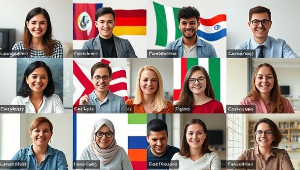 A diverse group of language learners engaging in virtual language exchange sessions, with each participant representing a different culture and language, creating a dynamic and interactive learning environment that promotes language diversity and global connections.