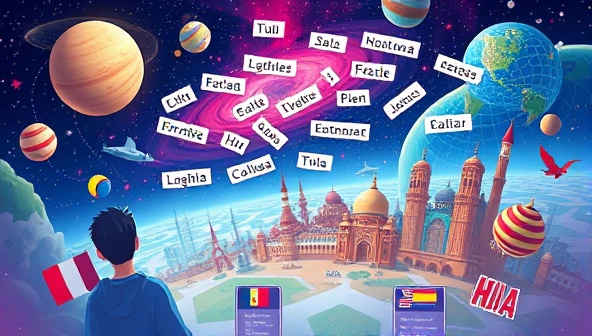 An educational and vibrant digital illustration of users exploring a virtual universe filled with language-related challenges, word puzzles, and cultural landmarks, highlighting the fun and interactive nature of language learning through gaming.