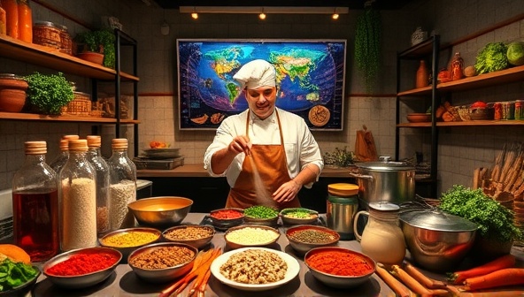 An immersive virtual cooking class setting with a chef demonstrating culinary techniques and recipes from a global destination, surrounded by vibrant spices, fresh ingredients, and cooking utensils, creating a sensory experience of travel through cuisine.