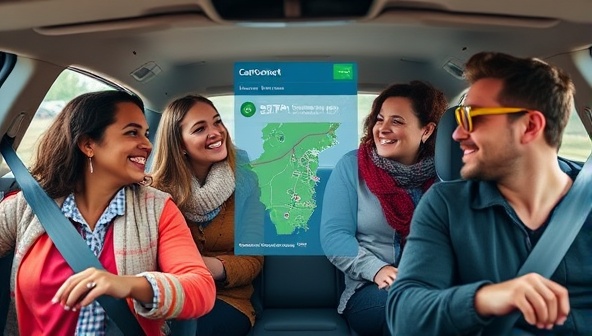 A diverse group of commuters sharing a car ride, chatting and smiling, with a digital map display showing their route and cost savings, symbolizing the community and environmental impact of CarpoolConnect.