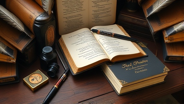 An artistic and poetic scene with a desk adorned with quill pens, ink bottles, and a stack of handwritten poems, evoking a sense of nostalgia and creativity in a traditional writing environment.