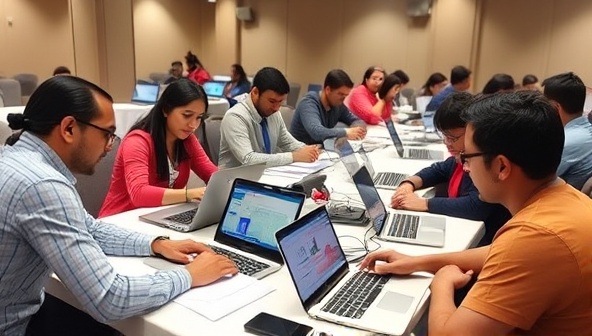 A dynamic workshop setting with participants engaged in hands-on activities using laptops and accounting software, with a knowledgeable instructor guiding them through the process, fostering a collaborative and educational atmosphere.