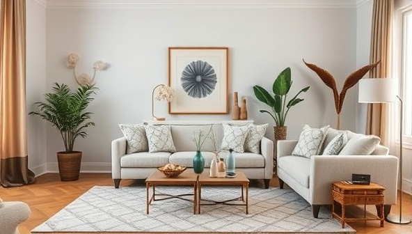 An elegant and cozy living room setting adorned with artisanal home decor items from the subscription box, showcasing the beauty and uniqueness of handcrafted pieces in a modern interior environment.